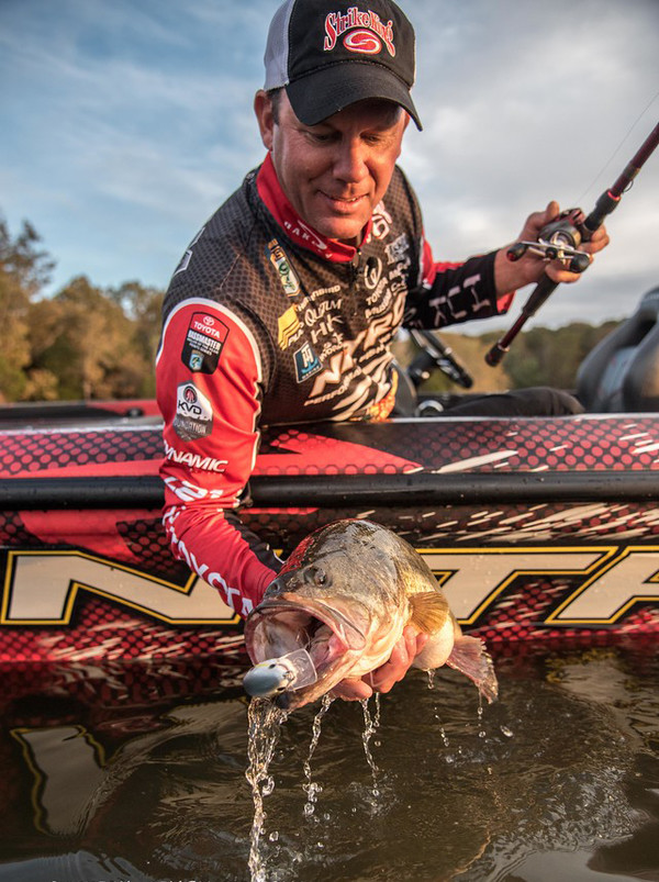 Tall photo of Kevin VanDam lifting a bass from the water.
